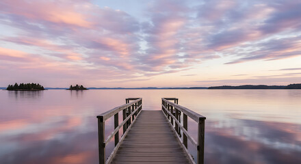 Wooden pier extending into a calm lake at sunset with colorful clouds reflecting in the water and islands in the distance