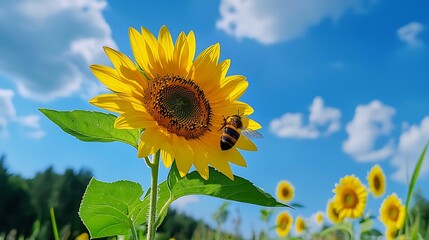 Bee on a Sunflower in a Field on a Sunny Day