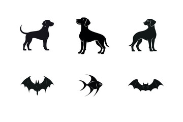 Naklejka premium Dog, Bat, and Fish Silhouettes in Various Poses