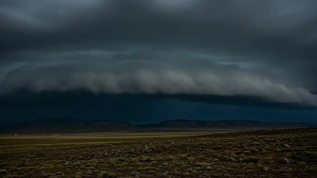 Dramatic storm clouds rolling over a vast, open landscape with distant mountains under a moody sky