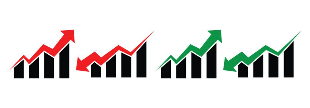 Graph chart with increase, decrease symbol. Arrow going Up and Down sign with green and red color vector. Market stock rate price, financial arrows up and down. Vector illustration