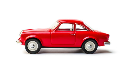 One red car isolated on white. Children`s toy