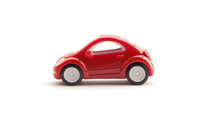One red car isolated on white. Children`s toy