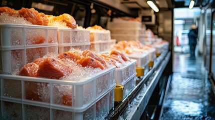 Fresh fish in ice-filled containers, displayed for sale