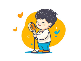 Happy boy singing into microphone.