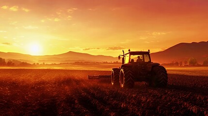 Fototapeta premium Tractor plowing a field at sunset with vibrant sky hues in warm orange and gold.