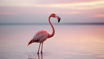Fototapeta premium Elegant Flamingo in Golden Sunrise Waters