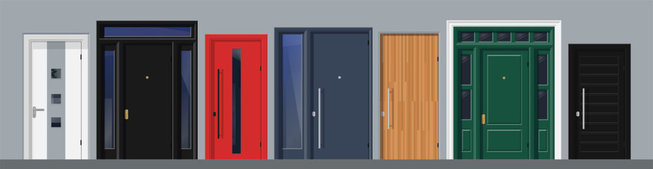 collection of modern front entrance doors house exterior vector illustration
