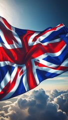 Majestic Union Jack waving above the clouds at sunrise, symbol of national pride
