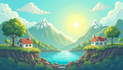 Fototapeta premium Landscape with house, mountain, lake and nature