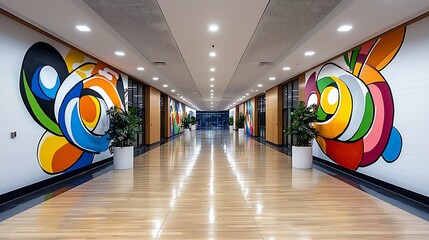 Hallway with Modern Artwork and Potted Plants