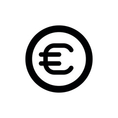 Euro Symbol Icon, A bold euro (€) currency symbol enclosed in a thick black circle, representing European finance or transactions in euros. It features a clean and minimalistic design