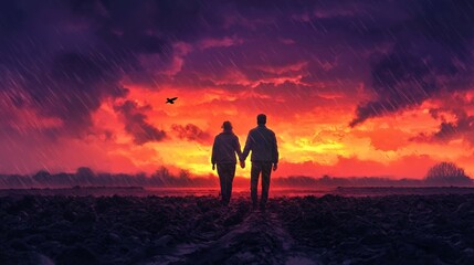 Fototapeta premium A couple walks hand in hand under a vibrant sunset amidst a rainy backdrop.