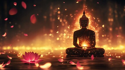 A serene Buddha statue surrounded by glowing lights and floating lotus petals.