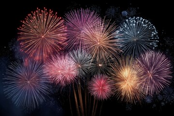 Fototapeta premium Colorful fireworks bursting in a nighttime celebration display against a dark sky backdrop