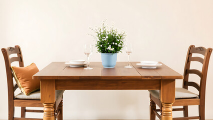 wooden table, wooden chairs, vase with flowers, simple setting, natural lighting, minimalist design, cozy, warm, inviting, homey, rustic, earthy tones, wooden textures, still life, 3D illsuration
