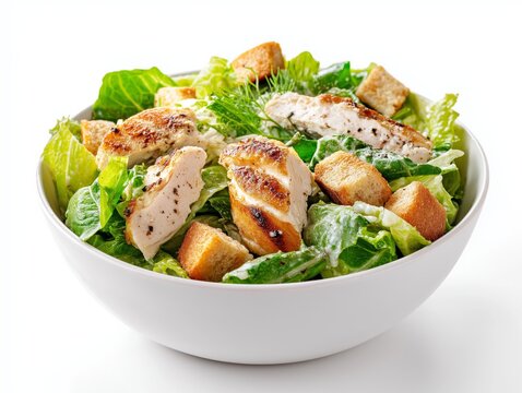Savoring a delicious chicken caesar salad in a bowl with crisp lettuce, flavorful grilled chicken, crunchy croutons, and creamy dressing on a bright white background