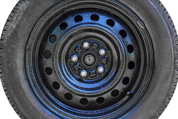 Black car wheel with chrome lug nuts isolated on white