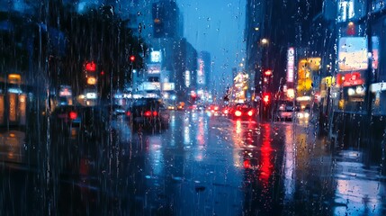 Rainy city night with colorful reflections and wet streets.