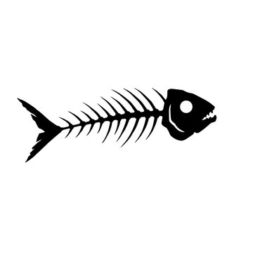 Black fish skeleton icon with detailed bones on a transparent background icon	
