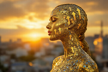 Woman body skin painted with gold, arrows and coins. Transformation, modernity, increase of wealth, growth of business. 