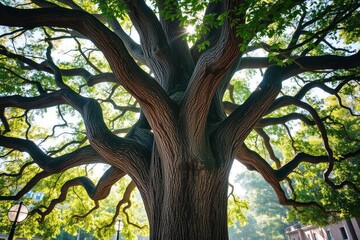 Fototapeta premium Enormous tree extends its branches towards the sky, back-lit by sunlight through its leaves.