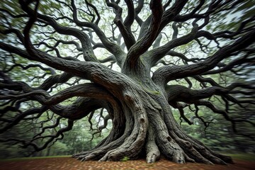 Fototapeta premium A majestic and ancient tree stands tall with branches reaching skyward in a swirling artistic style.