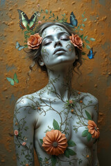  Woman with closed eyes, skin painted in metallic tones. Face painting with leafy vines, orange roses, fluttering butterflies.