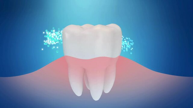The blue particle around the teeth to clean and makes them white and shining, 3D animation.