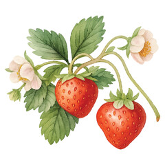 Strawberries with Leaves & Flowers Isolated  on a Transparent PNG background - Watercolour Art