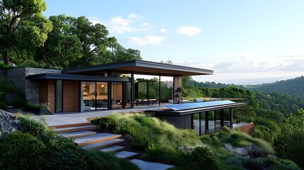 Contemporary House on Hillside with Solar Panels