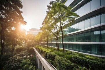 Naklejka premium Sunlight bathes a modern office building embraced by lush trees and manicured greenery.
