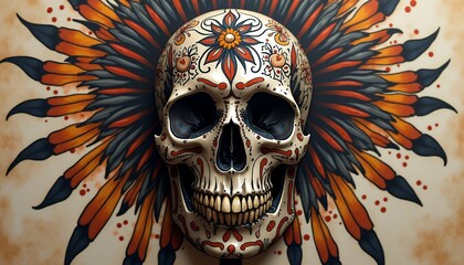 Decorated Skull with Feather Burst