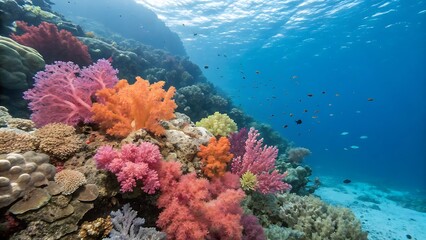 Obraz premium Underwater view of colorful coral reef with fish and sunlight