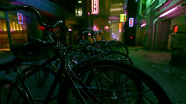 Several bicycles are parked in a narrow urban alleyway at night, surrounded by neon lights and colorful reflections. The atmosphere is vibrant, conveying a lively city vibe.