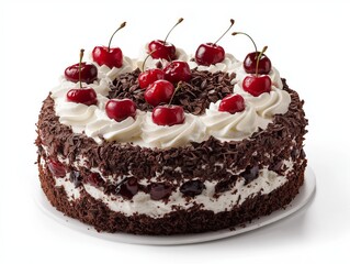 Delicious schwarzwalder kirschtorte with cherries and whipped cream on a clean white background ready for consumption