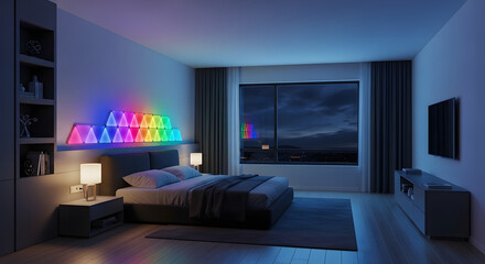 Living room with colorful smart lights at night