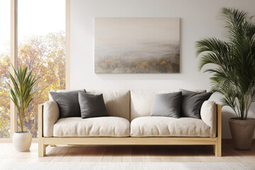 Beige linen sofa in minimalist living room