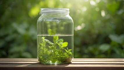 A stock photo of a glass jar filled with collected rainwater placed on a wooden surface outdoors
