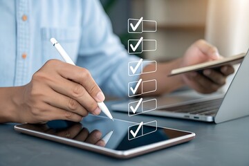Fototapeta premium Business Professional Using Digital Checklist Interface, Interactive Planning and Task Management on Touchscreen Device for High Productivity and Goal Achievement in a Corporate Environment 