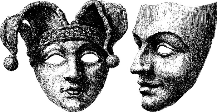 Engraved illustration set of theatre masks featuring actor expressions for dramatic arts and costume design