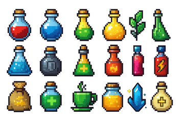 Colorful Potion Bottles and Magical Items in Pixel Art Style