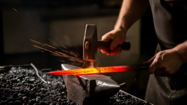 A blacksmith hammers glowing hot metal on an anvil, sending bright sparks flying. Smoke rises as fiery light reveals the intensity and precision of traditional metalwork.