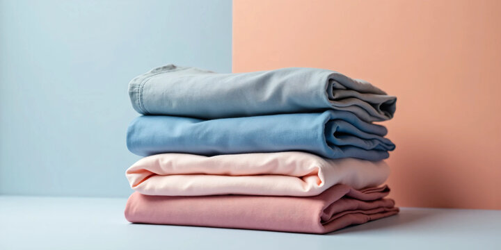 Folded Cotton Shirts in Assorted Colors Stacked with Sunglasses on Top Against a Minimal Background, Displayed with Balanced Lighting and Composition for Fashion, Apparel, and Lifestyle Advertising
