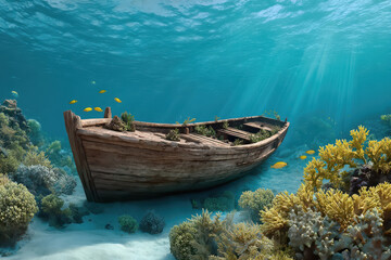 Sunken wooden boat in a vibrant coral reef