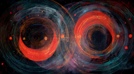 album art for electronic jazz | cosmic rhythm | energetic tension | contrasting spectrums | central disruption | concentric rhythms | harmonic texture buildup | spontaneous linework | inner sound