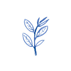 Watercolour hand drawn tropical branch, brush line technique, blue leaves hand drawn.Ude as print, poster, element design, textile, fabric, sticker, tattoo, invitation, greeting card, package design.