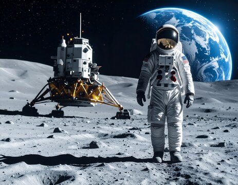 Astronaut on moon surface near lunar module