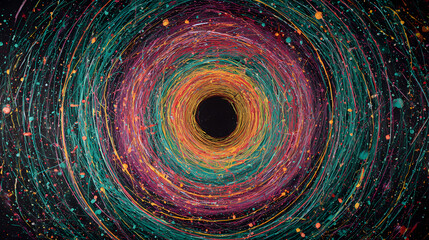 album art for electronic jazz | cosmic rhythm | energetic tension | contrasting spectrums | central disruption | concentric rhythms | harmonic texture buildup | spontaneous linework | inner sound