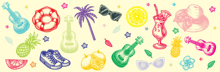 Set of Summer Pattern Backgrounds, Bright and Seasonal Designs, A vibrant collection of seamless summer-themed patterns featuring tropical elements, sunny motifs, and refreshing seasonal vibes.